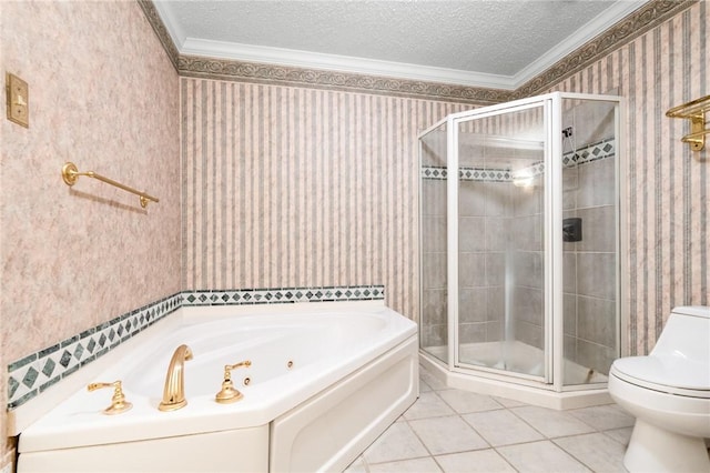 bathroom with tile patterned flooring, a textured ceiling, separate shower and tub, and crown molding