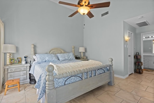 bedroom featuring tile patterned floors, baseboards, visible vents, and ceiling fan