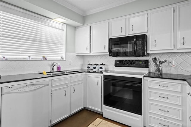 kitchen featuring crown molding, black microwave, dishwasher, electric range, and a sink