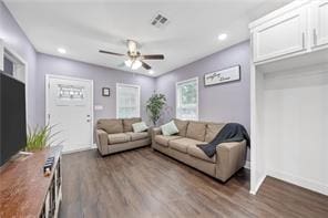 living room featuring ceiling fan and hardwood / wood-style flooring