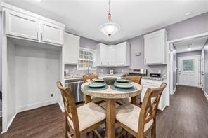 kitchen featuring dishwasher, white cabinets, pendant lighting, and dark hardwood / wood-style floors