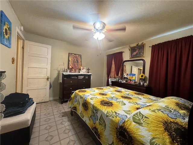 bedroom featuring a textured ceiling and ceiling fan