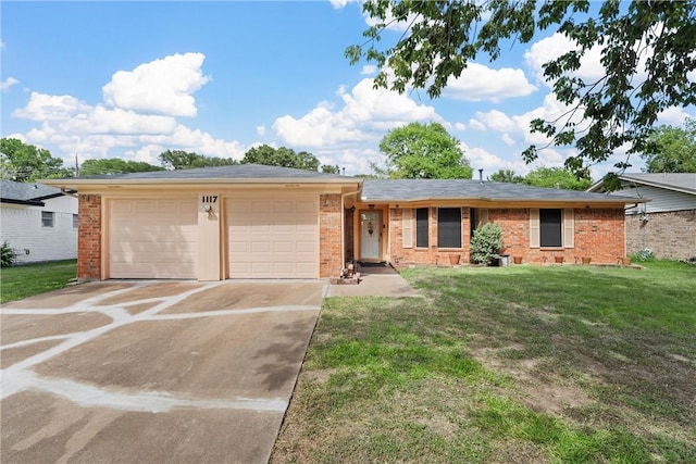 single story home with a garage and a front lawn