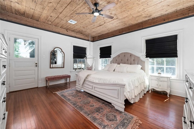 bedroom with wood ceiling, multiple windows, dark wood-type flooring, and ceiling fan