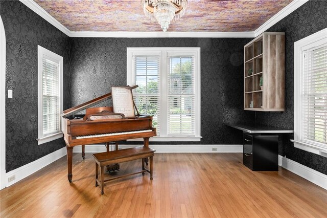 miscellaneous room featuring wood-type flooring, crown molding, and a healthy amount of sunlight