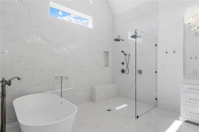 bedroom with beamed ceiling, light wood-type flooring, access to outside, and high vaulted ceiling