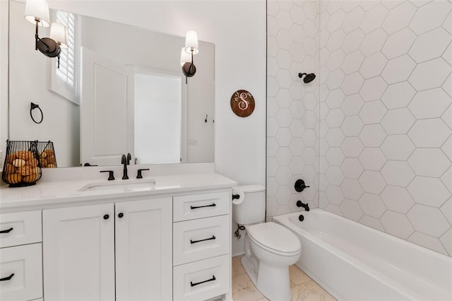 full bathroom with toilet, vanity, and tiled shower / bath combo