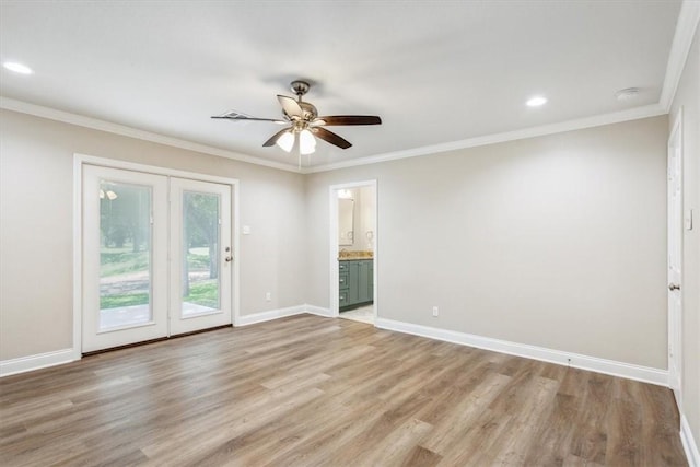 unfurnished room featuring french doors, light hardwood / wood-style flooring, ceiling fan, and ornamental molding