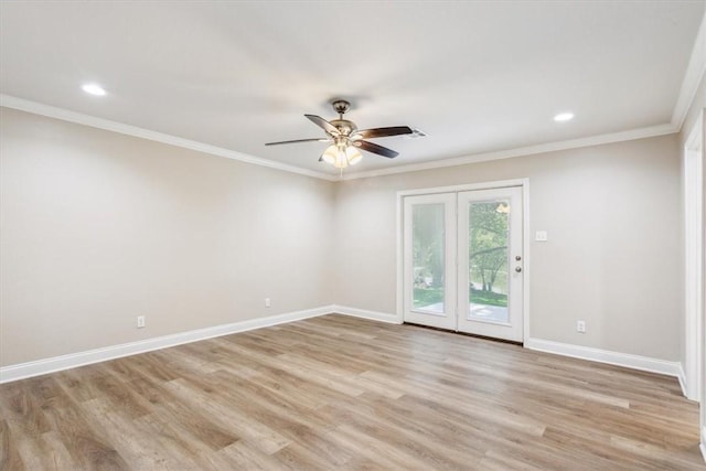 unfurnished room with crown molding, ceiling fan, and light hardwood / wood-style floors