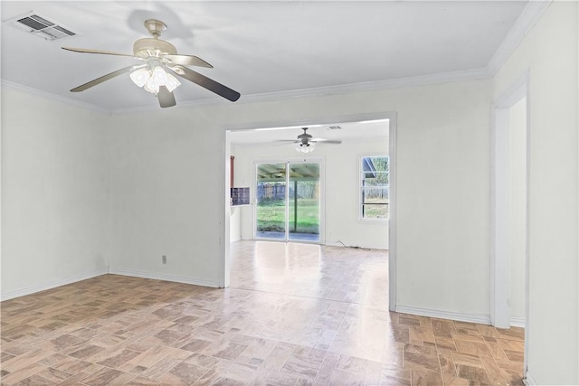 spare room with crown molding, ceiling fan, and light hardwood / wood-style floors