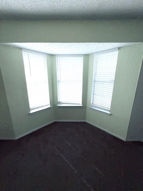 bedroom featuring ceiling fan, dark carpet, and a textured ceiling