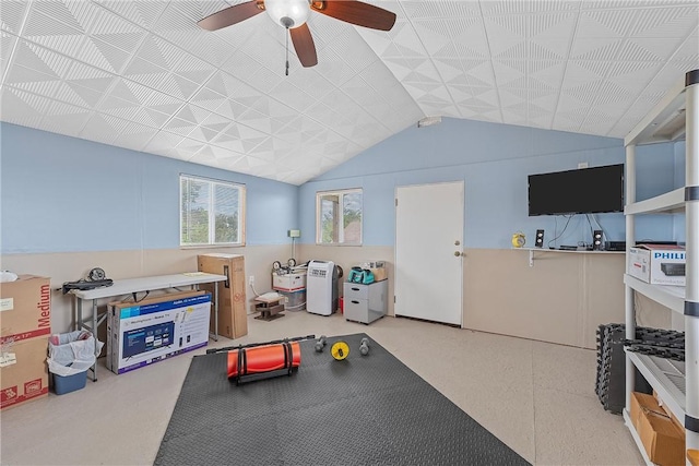 rec room featuring ceiling fan and lofted ceiling