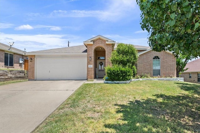 single story home with a garage and a front yard