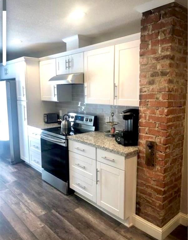 kitchen featuring tasteful backsplash, stainless steel range with electric cooktop, light stone counters, white cabinets, and dark hardwood / wood-style flooring