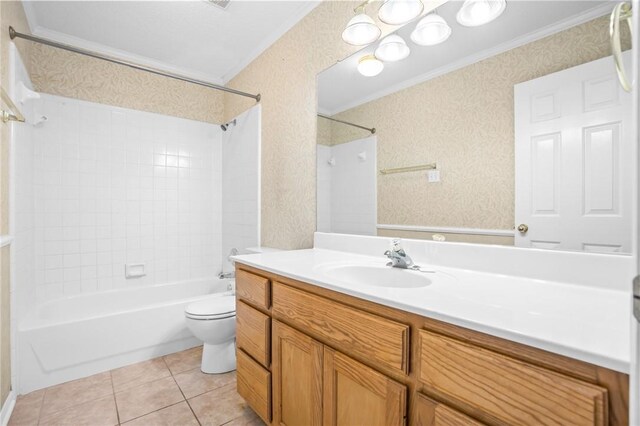 full bathroom featuring tile patterned floors, crown molding, vanity, and tiled shower / bath