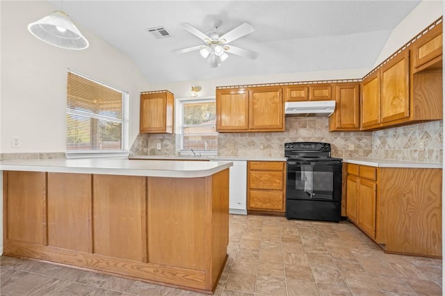 kitchen featuring dishwasher, black range with electric stovetop, vaulted ceiling, decorative light fixtures, and kitchen peninsula