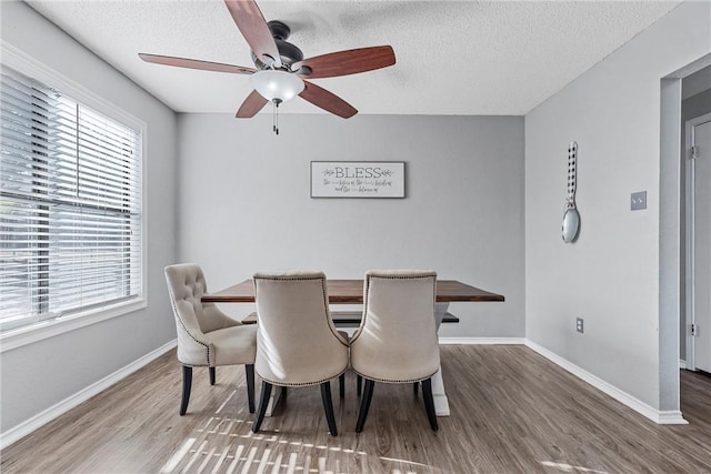 dining space with ceiling fan, hardwood / wood-style floors, and a textured ceiling