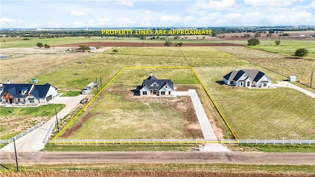 birds eye view of property with a rural view