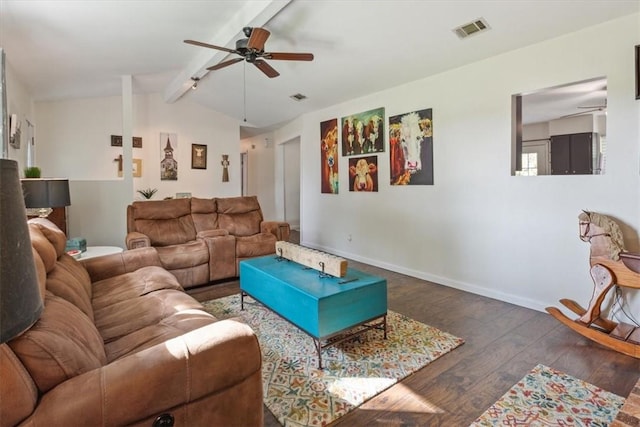 living room featuring ceiling fan, lofted ceiling with beams, and dark hardwood / wood-style floors