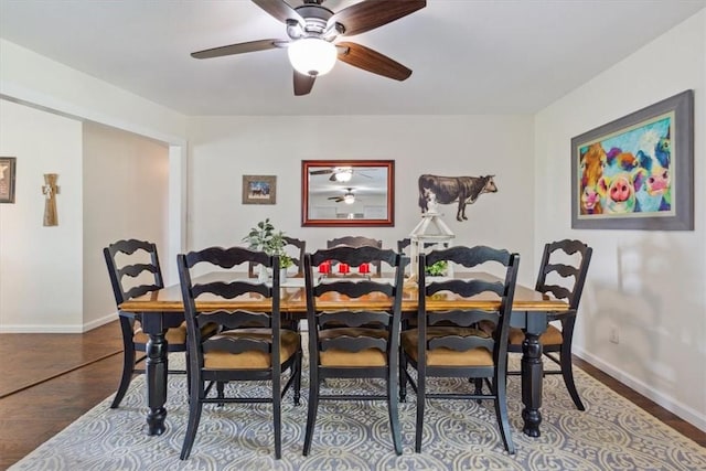 dining space with ceiling fan and wood-type flooring