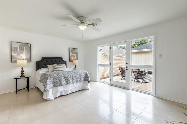 bedroom with light tile patterned floors, access to outside, and ceiling fan