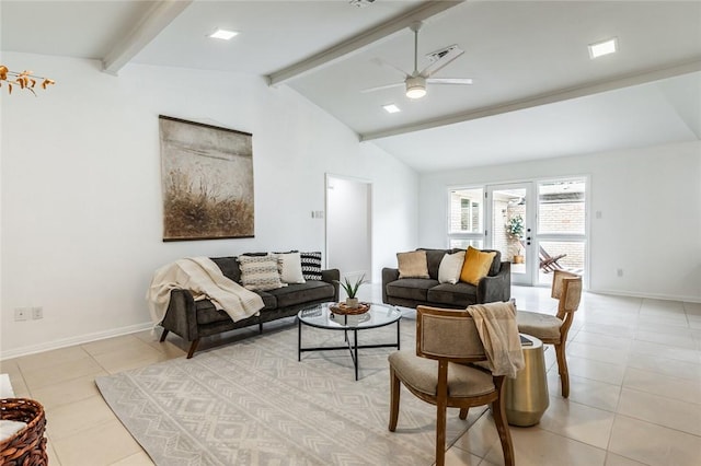 living room featuring vaulted ceiling with beams, light tile patterned flooring, ceiling fan, and french doors