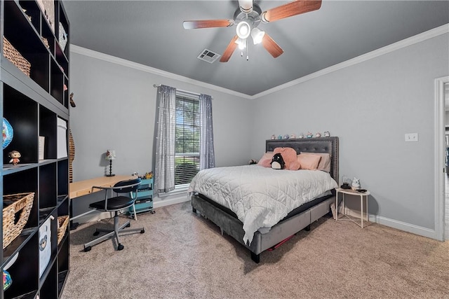 bedroom with carpet flooring, ceiling fan, and ornamental molding