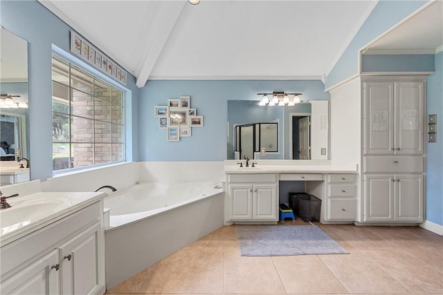 bathroom featuring vaulted ceiling with beams, tile patterned floors, vanity, independent shower and bath, and ornamental molding