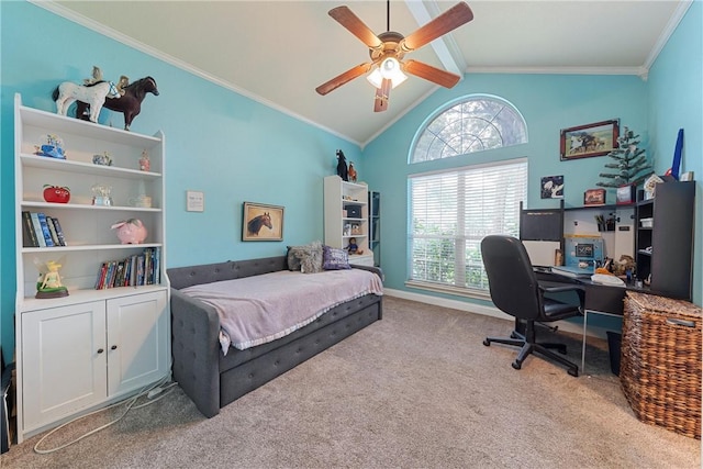 bedroom with ornamental molding, light colored carpet, ceiling fan, and lofted ceiling