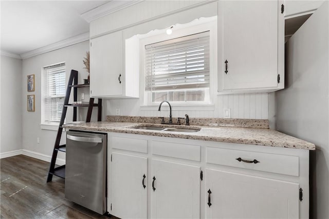 kitchen featuring a sink, stainless steel dishwasher, ornamental molding, and white cabinets