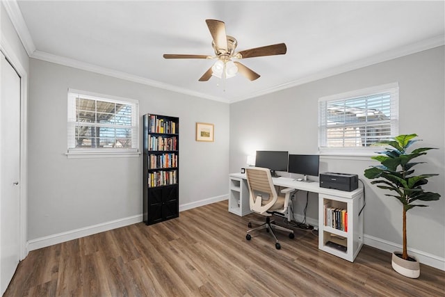 office space featuring a wealth of natural light, baseboards, wood finished floors, and crown molding