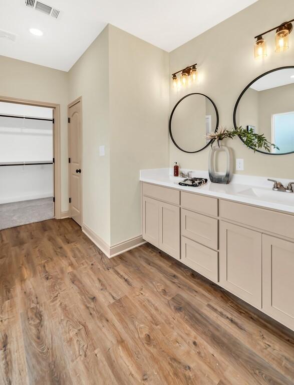 bathroom with hardwood / wood-style flooring and vanity