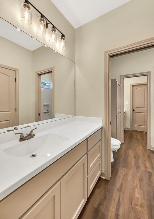 bathroom featuring hardwood / wood-style floors, vanity, and toilet