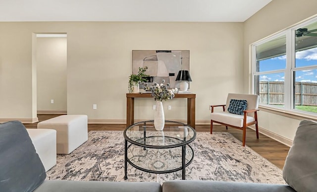 living area with hardwood / wood-style floors