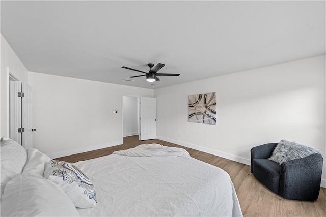 bedroom with ceiling fan and wood-type flooring