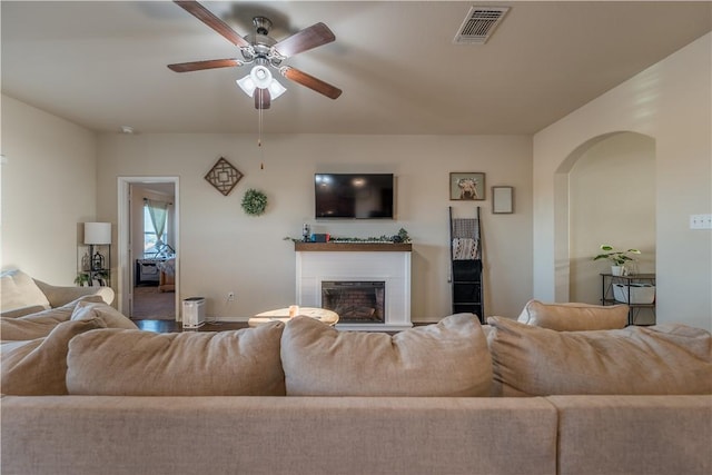 living room with ceiling fan