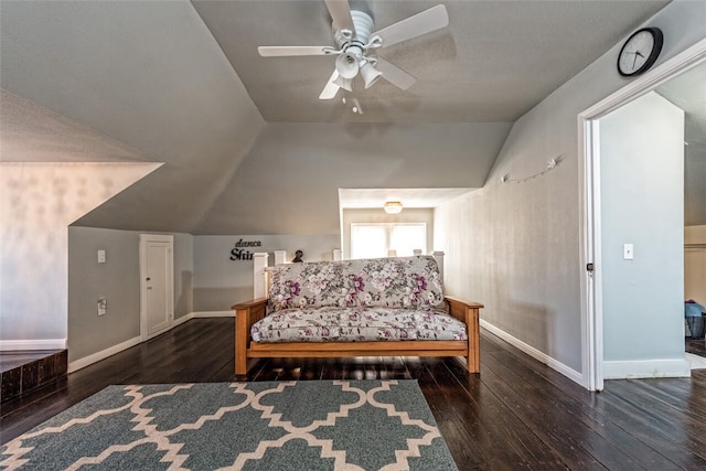 bedroom featuring vaulted ceiling, ceiling fan, and dark hardwood / wood-style flooring