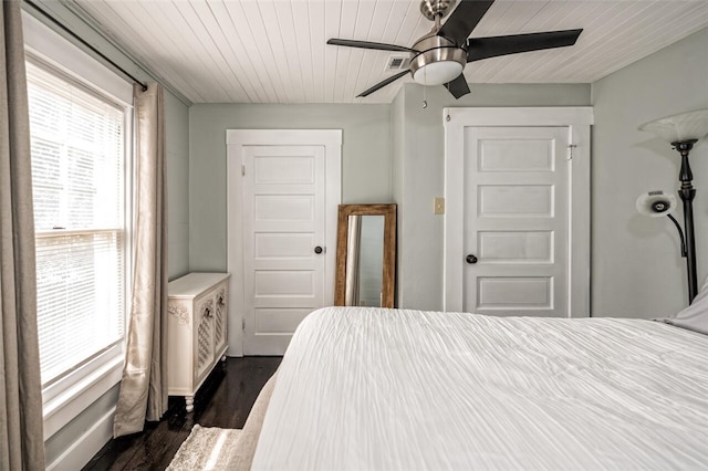 bedroom with dark hardwood / wood-style flooring, wooden ceiling, and ceiling fan