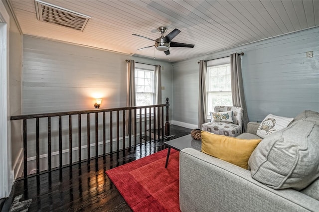 living room featuring wood ceiling and dark hardwood / wood-style flooring