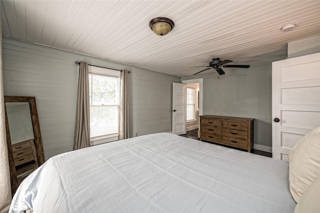 bedroom with wooden ceiling and ceiling fan