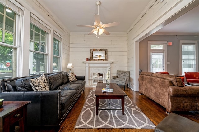 living room with wooden walls, a fireplace, ornamental molding, ceiling fan, and dark wood-type flooring