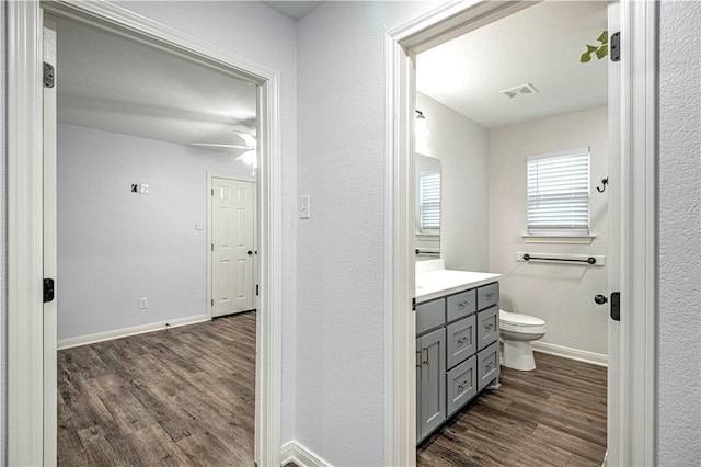 bathroom featuring vanity, toilet, and wood-type flooring