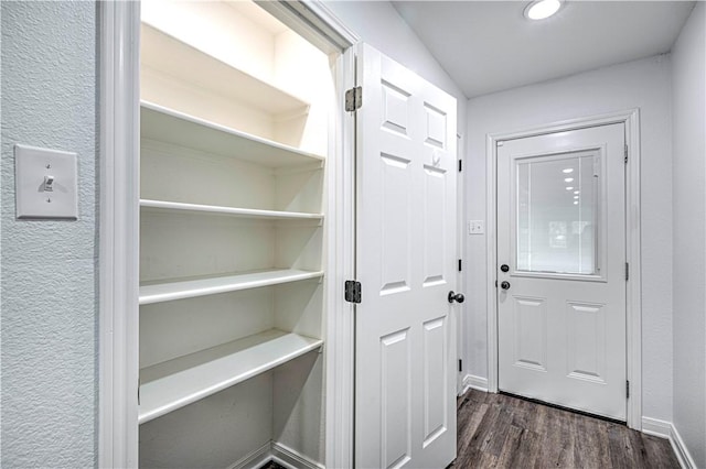 entryway with dark wood-type flooring and vaulted ceiling