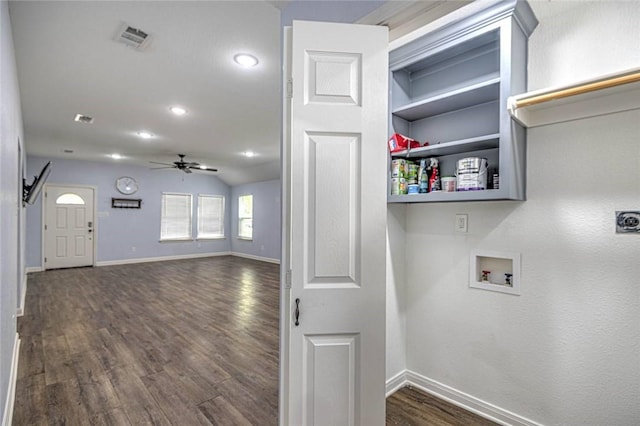 clothes washing area with hookup for an electric dryer, hookup for a washing machine, dark hardwood / wood-style floors, and ceiling fan