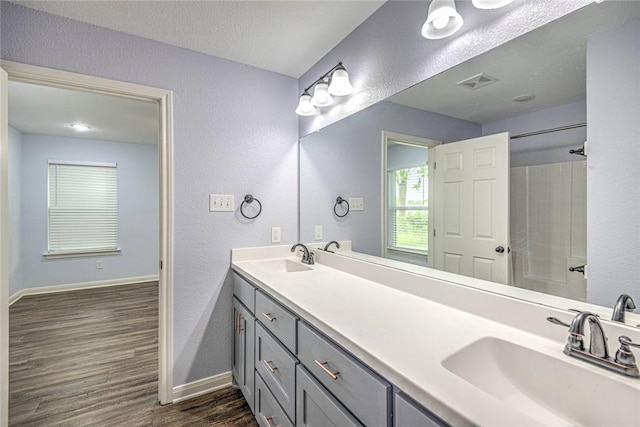 bathroom with hardwood / wood-style floors and vanity