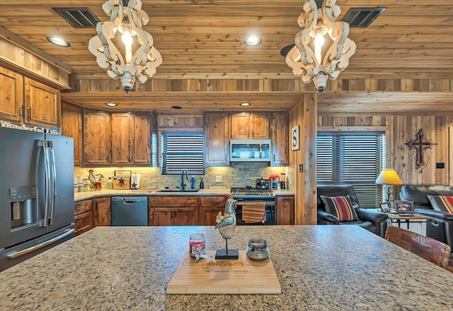 kitchen with sink, wood ceiling, stainless steel appliances, and a chandelier