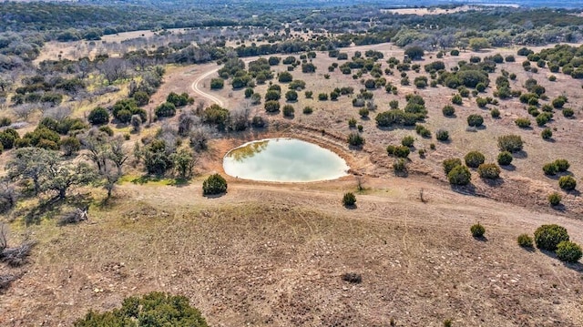 birds eye view of property with a water view and a rural view