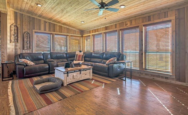 living room with wood ceiling, ceiling fan, lofted ceiling, and wood walls