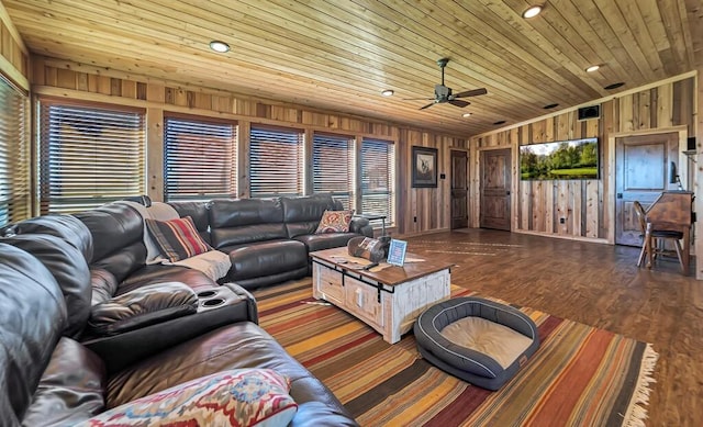 living room featuring plenty of natural light, wooden walls, dark hardwood / wood-style flooring, and wooden ceiling