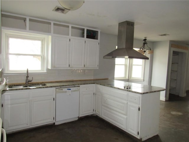 kitchen featuring sink, white cabinetry, dishwasher, and island exhaust hood